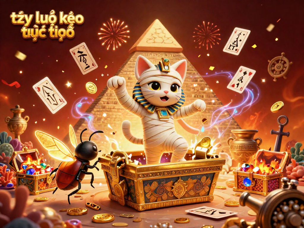Bursting Egyptian mummy cat and glowing scarab in rich casino scene with tỷ lệ kèo trực tuyến for exciting betting adventures.