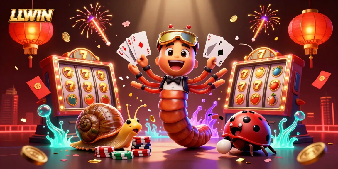 Engage with LLWIN's vibrant 3D casino scene showcasing a millipede dealer, snail high-roller, and thrilling slot elements.