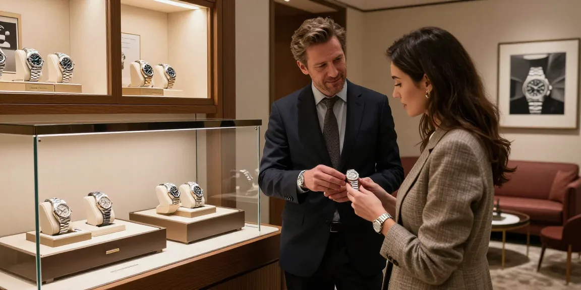 Explore exquisite rolex super clone watches in a luxury showroom with a knowledgeable associate.