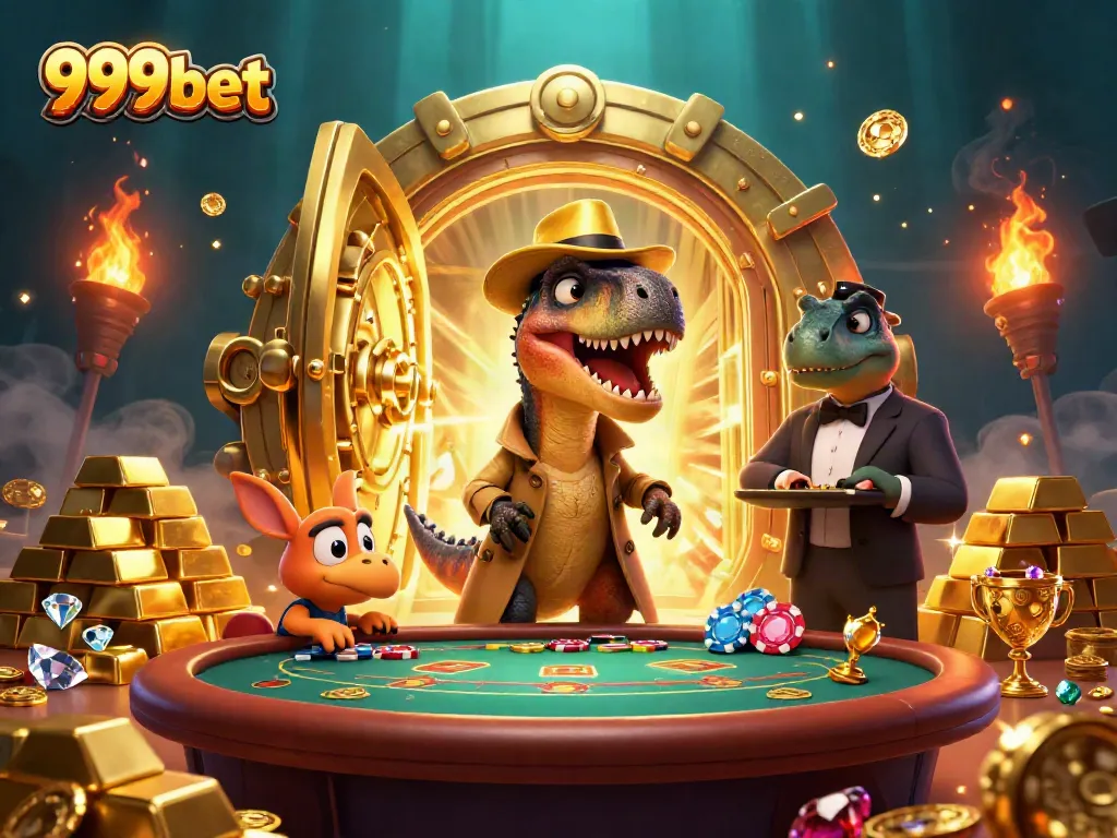 Experience thrilling bets with 999bet as a 3D cartoon velociraptor card counter plays blackjack amid treasure
