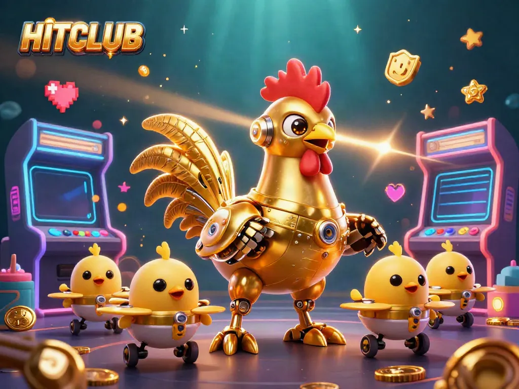 Hitclub's vibrant casino scene features a golden rooster robot and baby chick drones amidst glowing arcade machines.