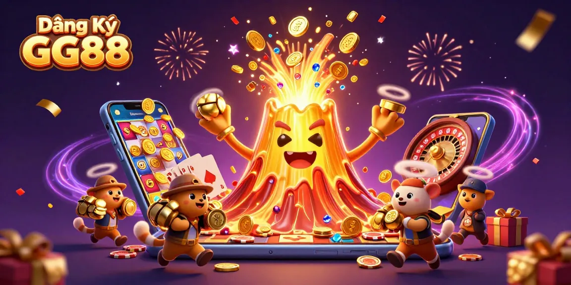 Experience the excitement of Đăng Ký GG88 as treasures erupt from a golden volcano in a thrilling casino scene.