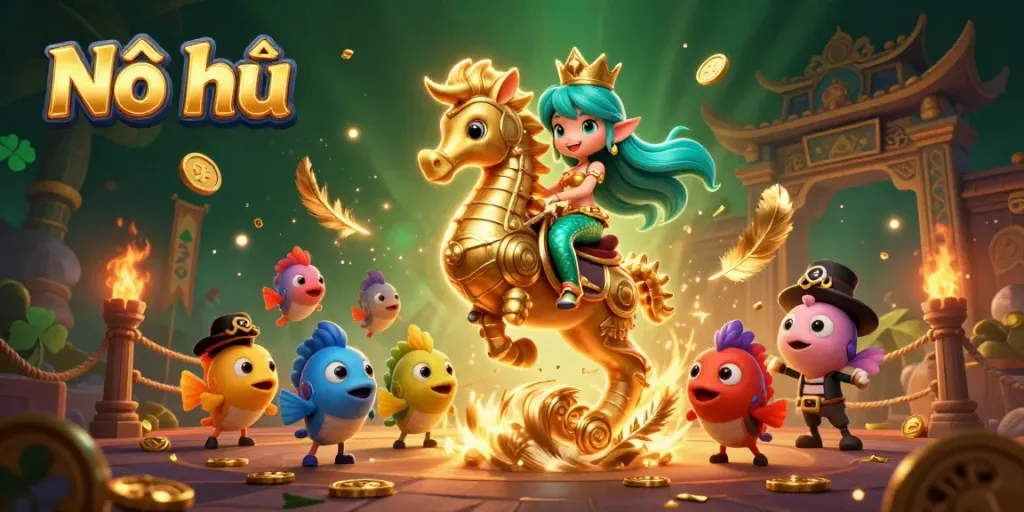 Experience the excitement of Nổ hũ in this vibrant 3D casino scene featuring a mermaid and seahorse.