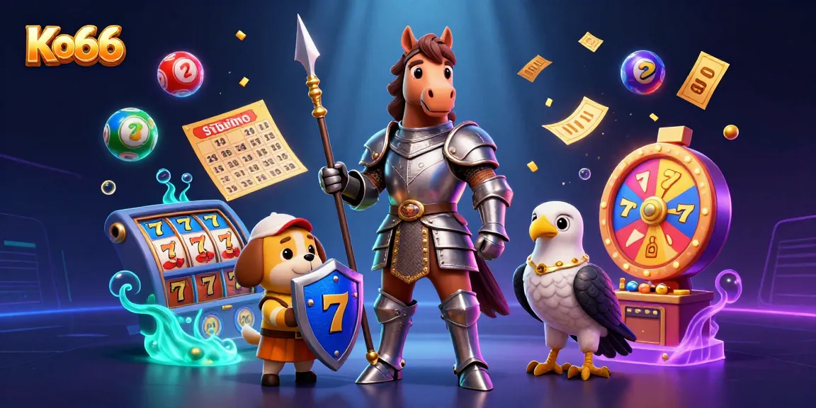Discover winning moments with Ko66, featuring vibrant gaming elements and dynamic illustrations.
