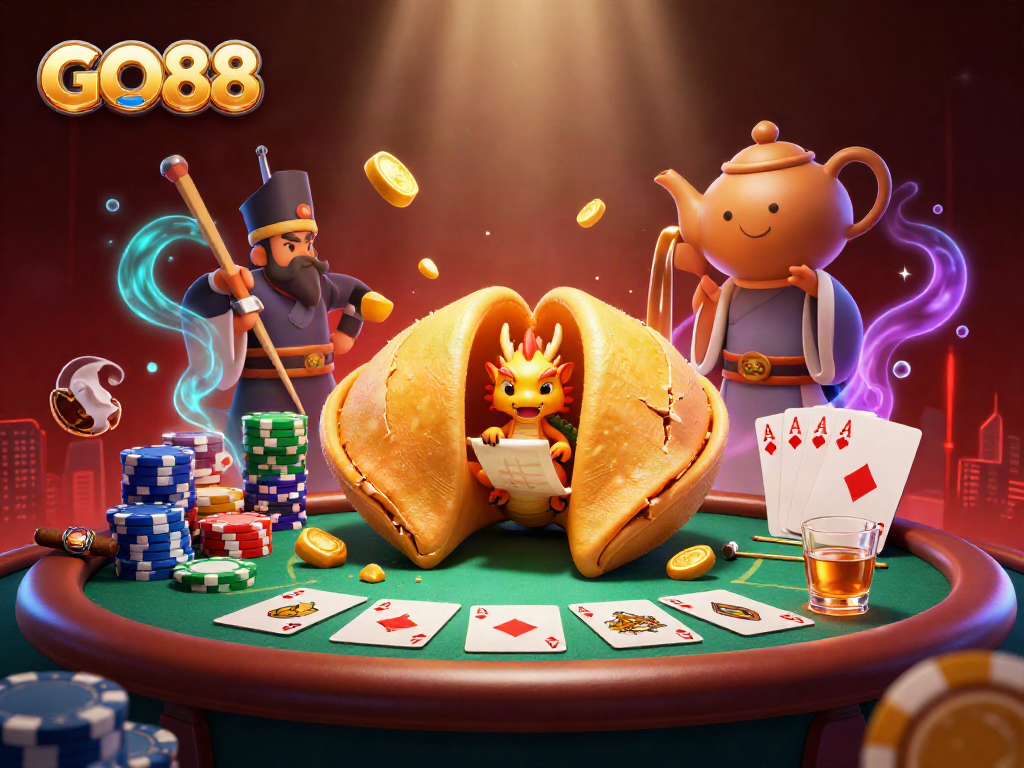 Experience thrilling fun with GO88, featuring a golden fortune cookie scene filled with poker chips and game elements.