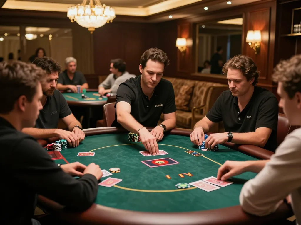 Players enjoying poker at fishersupermarket's premium casino, featuring a stylish table and rich decor.