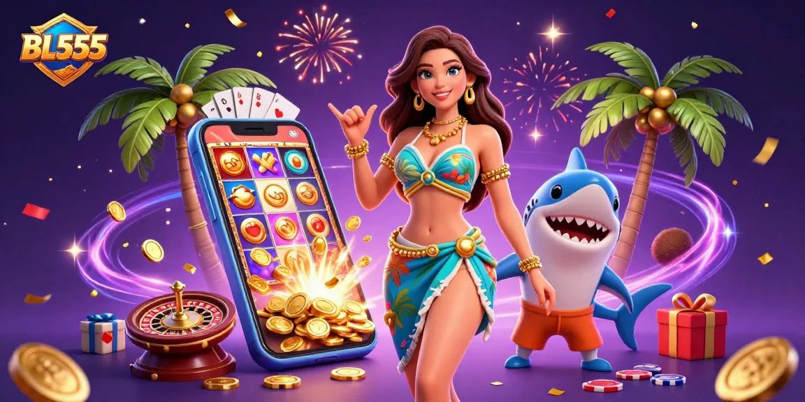 Experience the thrill of winning at BL555 with vibrant casino elements and stunning characters.