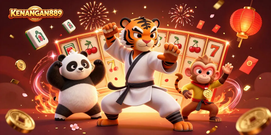 Spin to win with KENANGAN889 featuring the kung fu tiger master amidst vibrant casino elements.