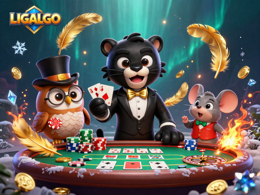 LIGALGO showcases an exciting casino scene with a panther dealing cards alongside an owl and a lucky mouse.