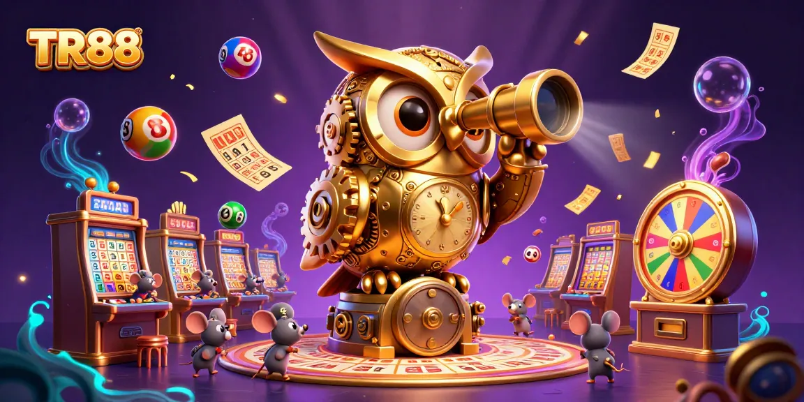 TR88's vibrant casino scene showcases a golden owl scanning for winning lottery balls amidst a dynamic gaming atmosphere.