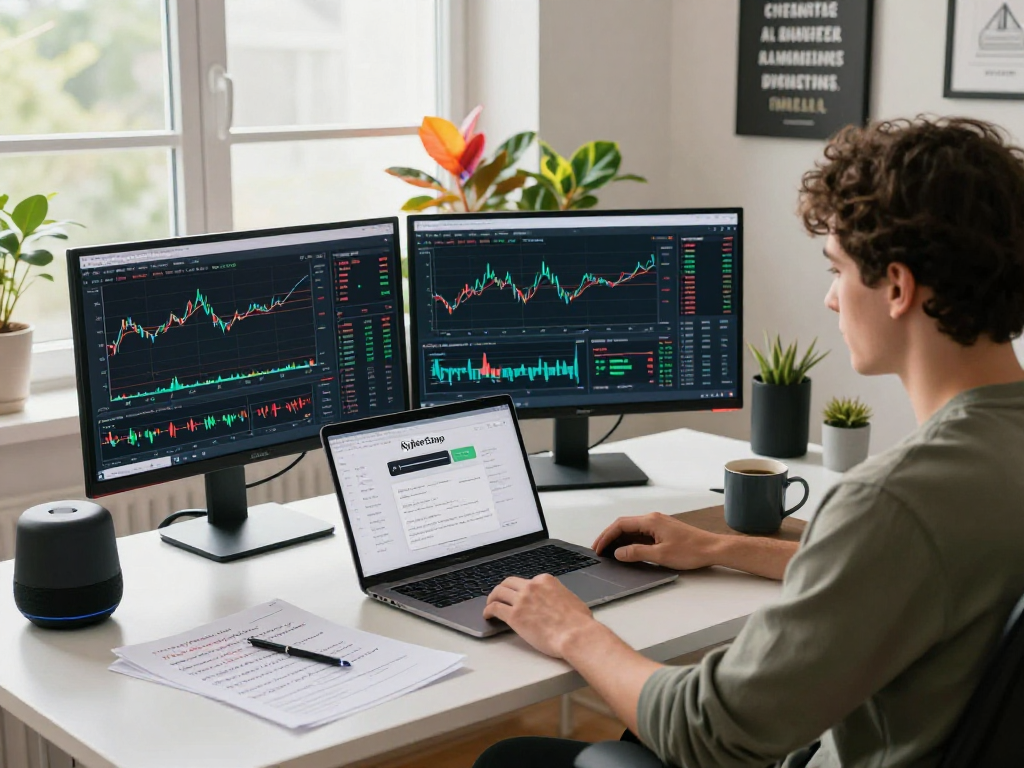 Kyber-swap interface displayed on multiple screens in a modern home office for cryptocurrency trading