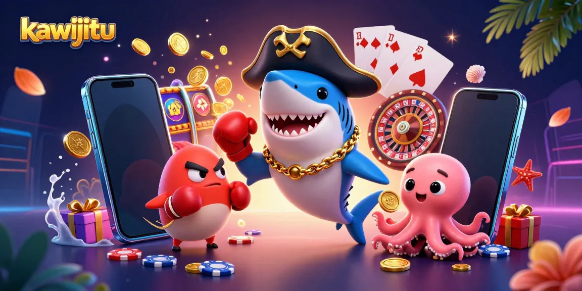 Engage in exciting casino adventures with kawijitu, featuring a shark captain and playful characters in a vibrant scene.