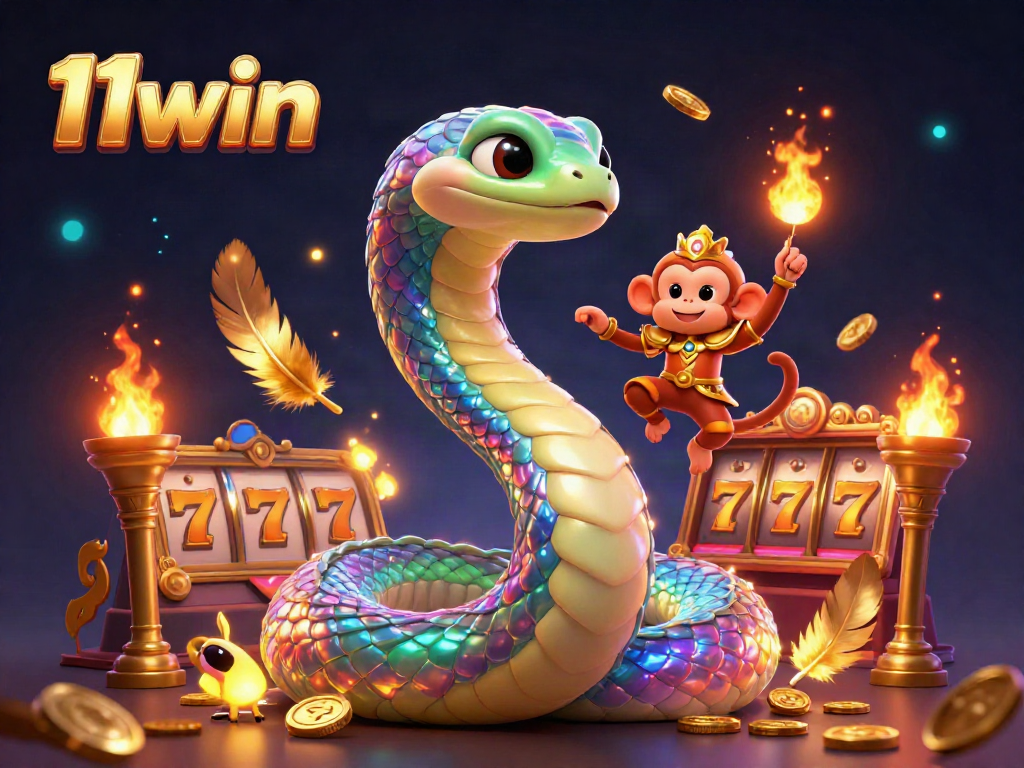 Engage with the dynamic world of 11win, where a vibrant rainbow serpent and monkey king animate the online casino gameplay.