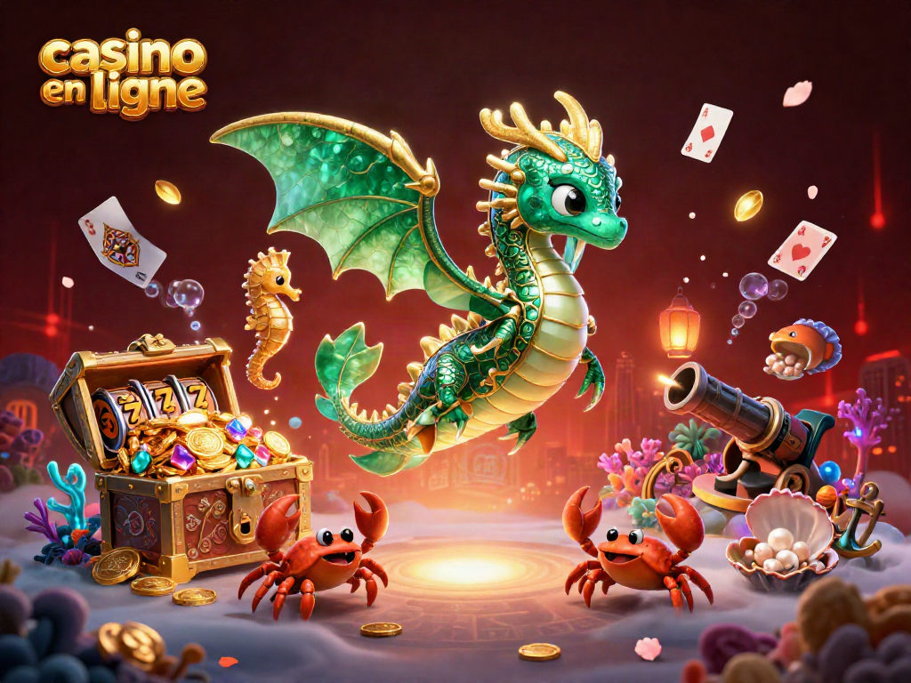 Jouez à des jeux de casino en ligne avec une magnifique illustration d'un dragon de mer et des éléments de casino.