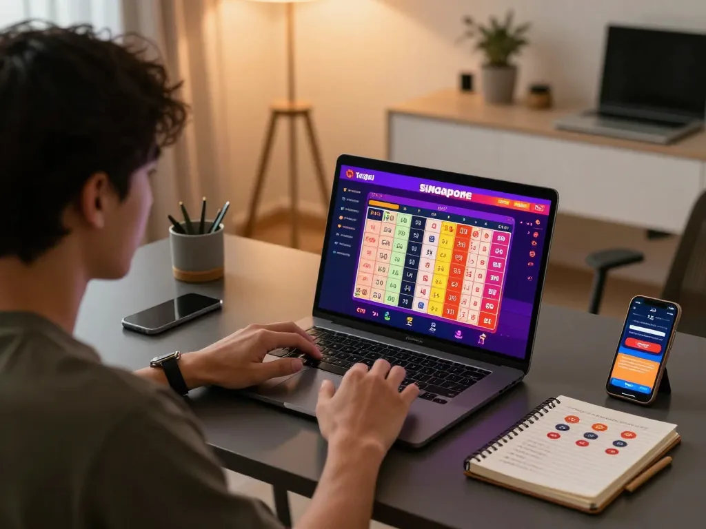 Engaging in Togel Singapore gameplay online with a laptop in a modern home setting.