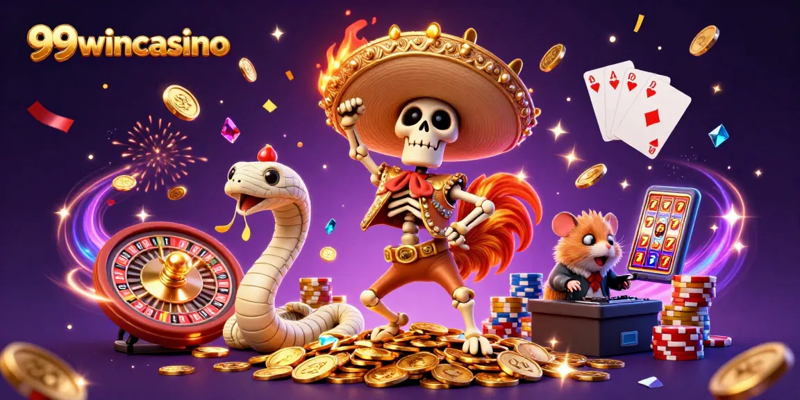 Experience the thrill of 99wincasino with a festive 3D illustration featuring playful characters.
