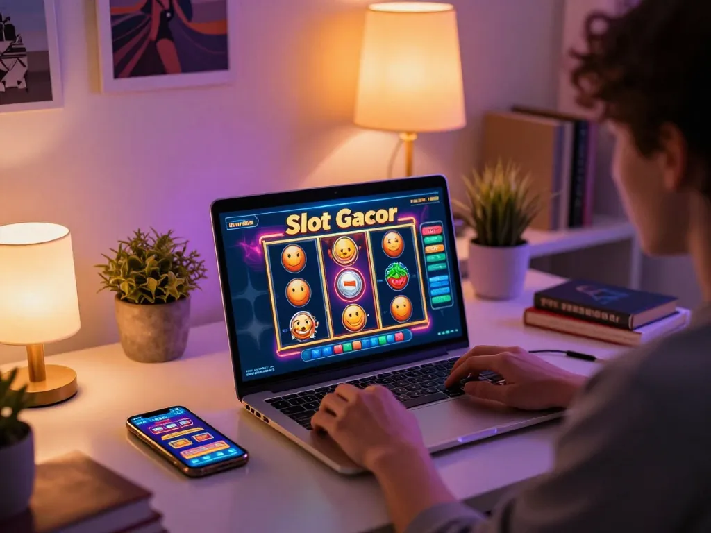 Engaging gameplay on Slot Gacor, showcasing dynamic action on a laptop in a stylish home office.