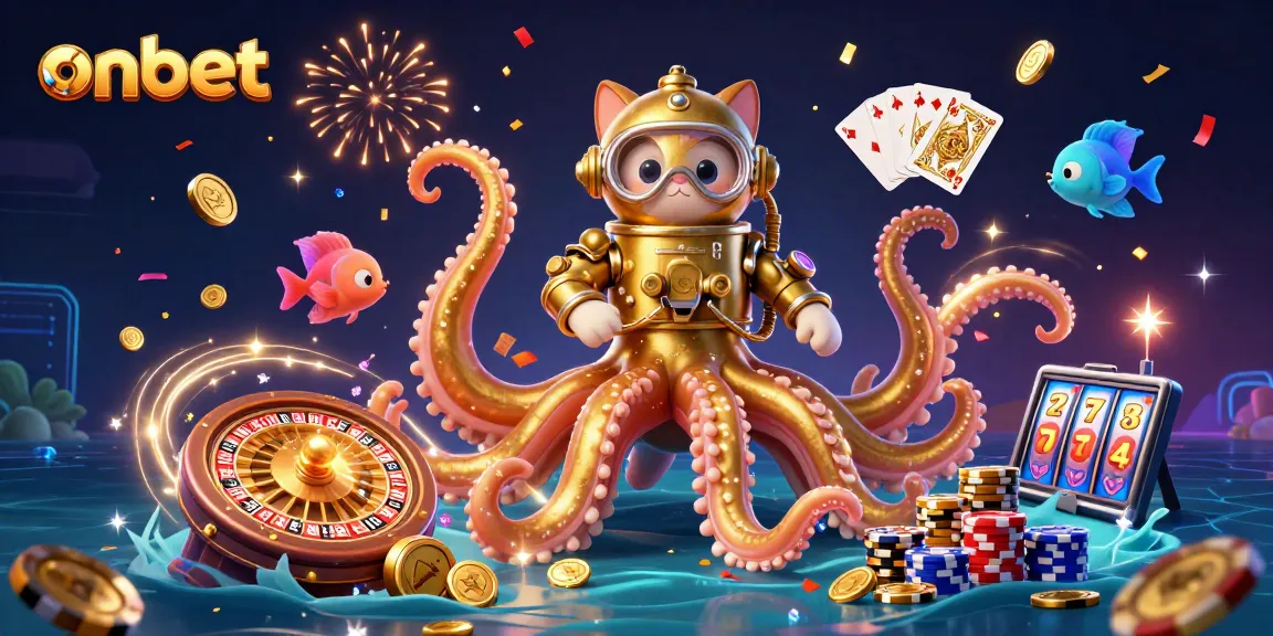 Win big with onbet! A cartoon kraken and diving cat celebrate casino excitement with glowing game elements.