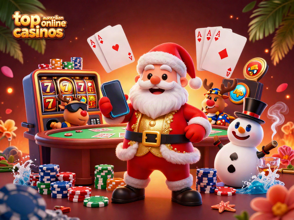 Experience the thrilling top Australian online casinos featuring vibrant game elements and festive characters.