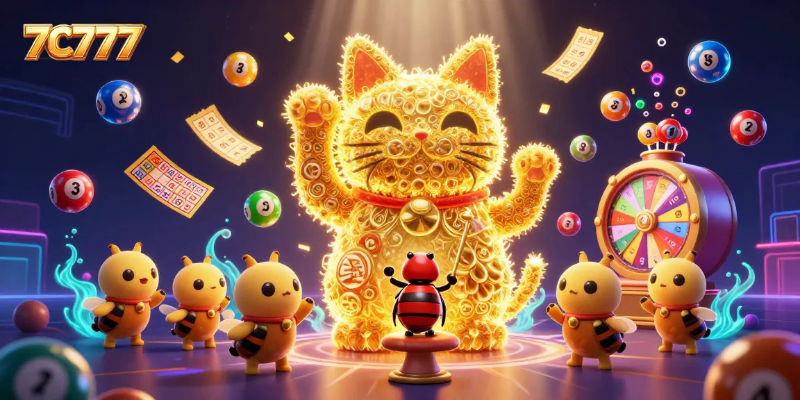 Engage with the vibrant world of 7C777 as golden fireflies create a lucky cat amidst casino excitement.