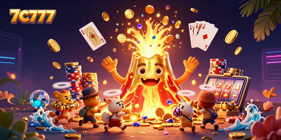 Engage with 7C777's vibrant gameplay featuring treasure-laden volcano and dynamic casino elements.
