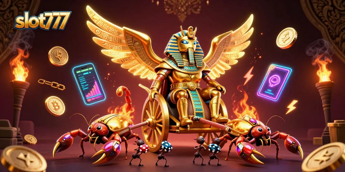 Experience the excitement of slot777 with vibrant 3D elements and golden characters amidst emerging gambling icons.