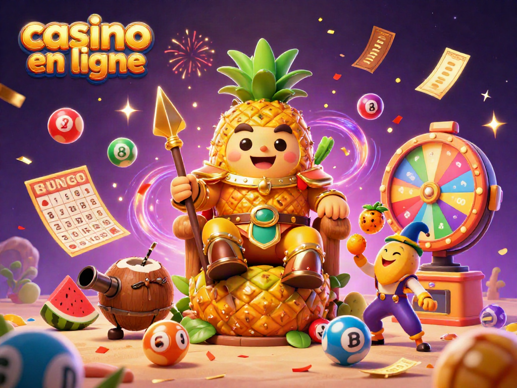 Jouez dans un casino en ligne captivant avec le roi ananas en 3D et des personnages dynamiques.