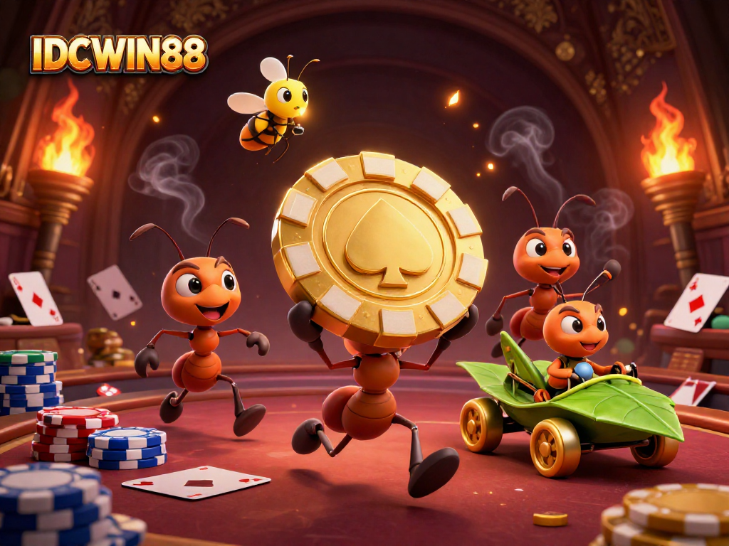 Experience thrilling adventures in poker gaming with IDCWIN88's dynamic illustration featuring 3D characters.