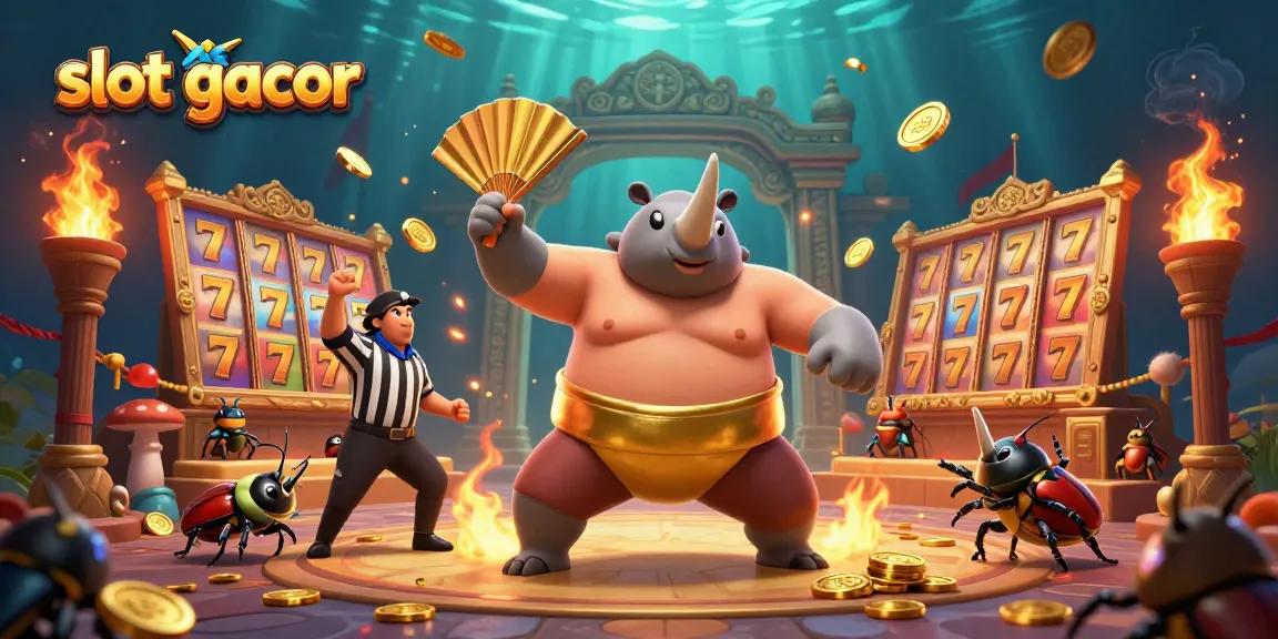 Experience thrilling slot gacor action as the champion beetle stomps and coins fly in a vivid casino scene.