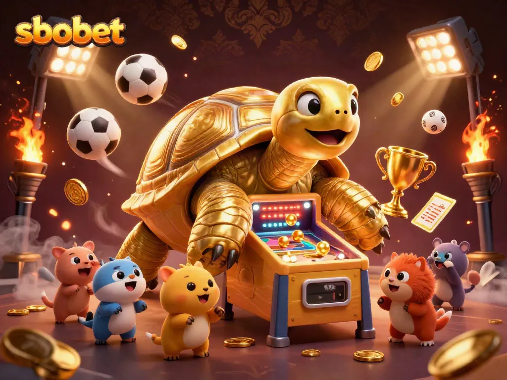 Experience sbobet sports betting excitement with a dynamic scene of a golden tortoise and lively elements.