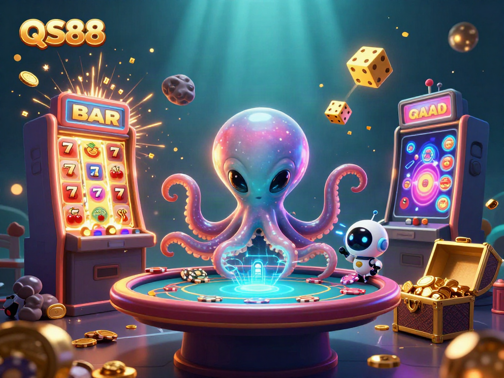 Engage with QS88's vibrant octopus casino scene featuring dynamic gaming elements and cosmic characters.