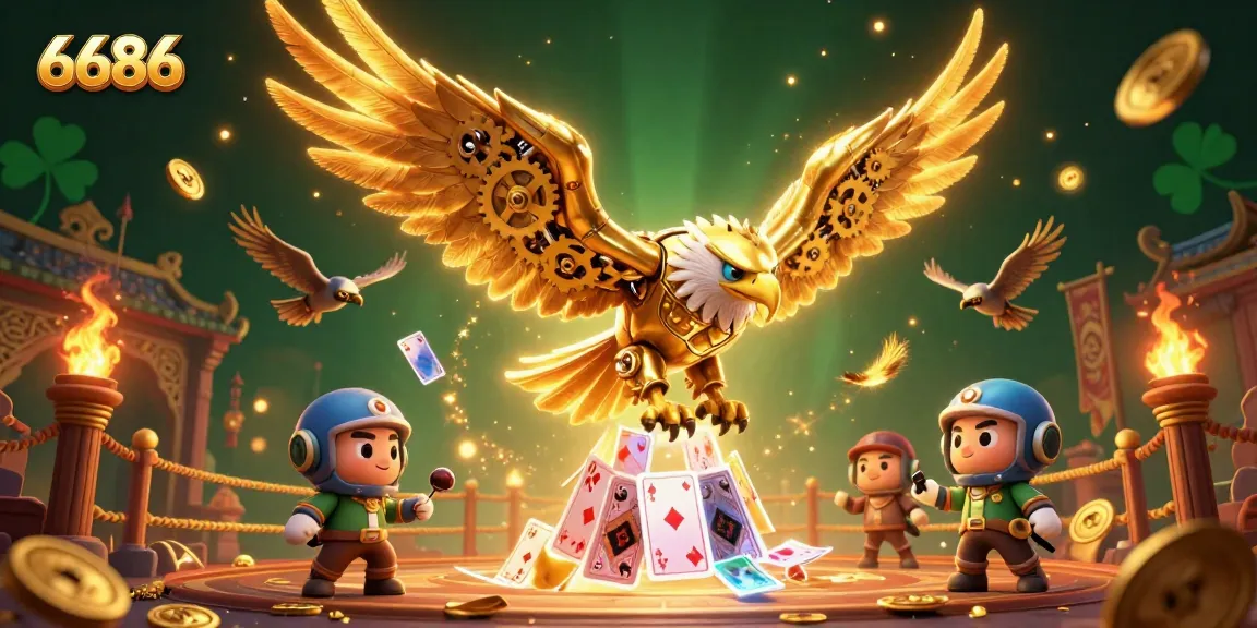 Engage with 6686 in a vibrant 3D illustration featuring a golden eagle surrounded by holographic cards.