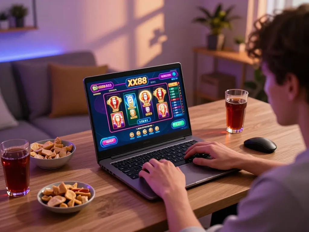 Player enjoying online casino games at XX88 on a laptop in a cozy home setting.