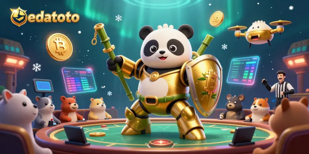 Experience exciting games at edatoto's vibrant casino with dynamic golden panda and robot.