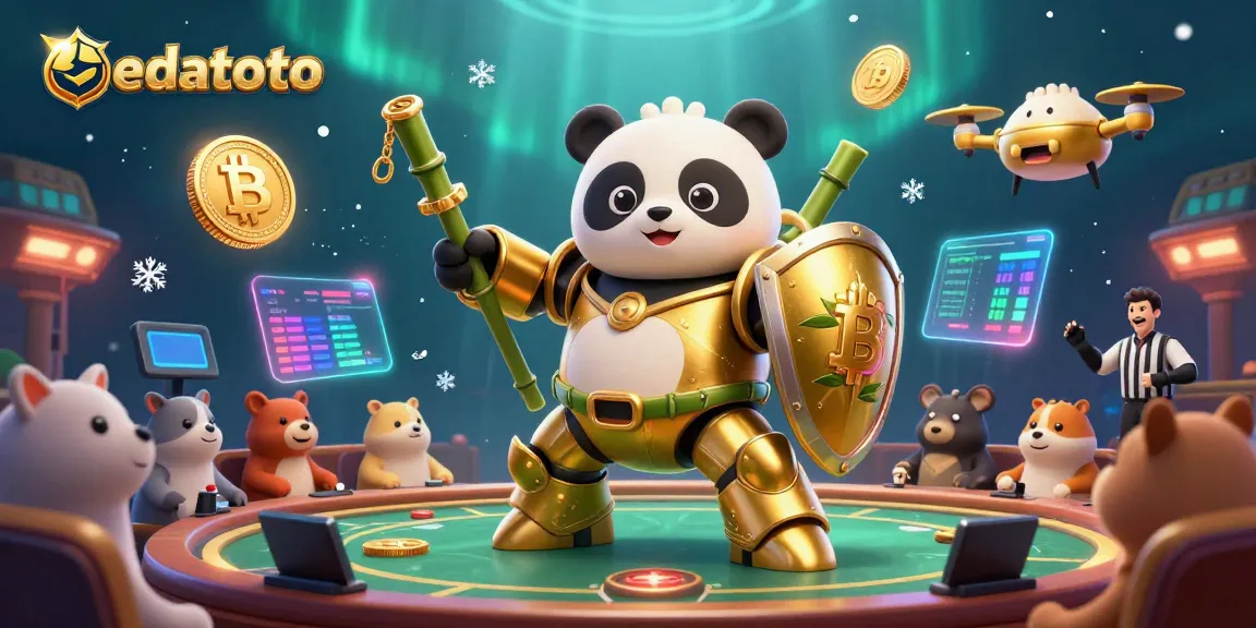 Experience exciting games at edatoto's vibrant casino with dynamic golden panda and robot.