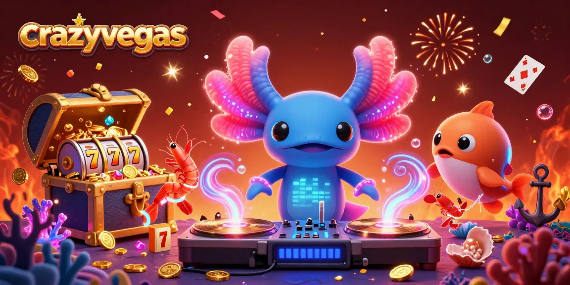 Engage with crazyvegas' vibrant online casino scene featuring a DJ axolotl and lively underwater characters.