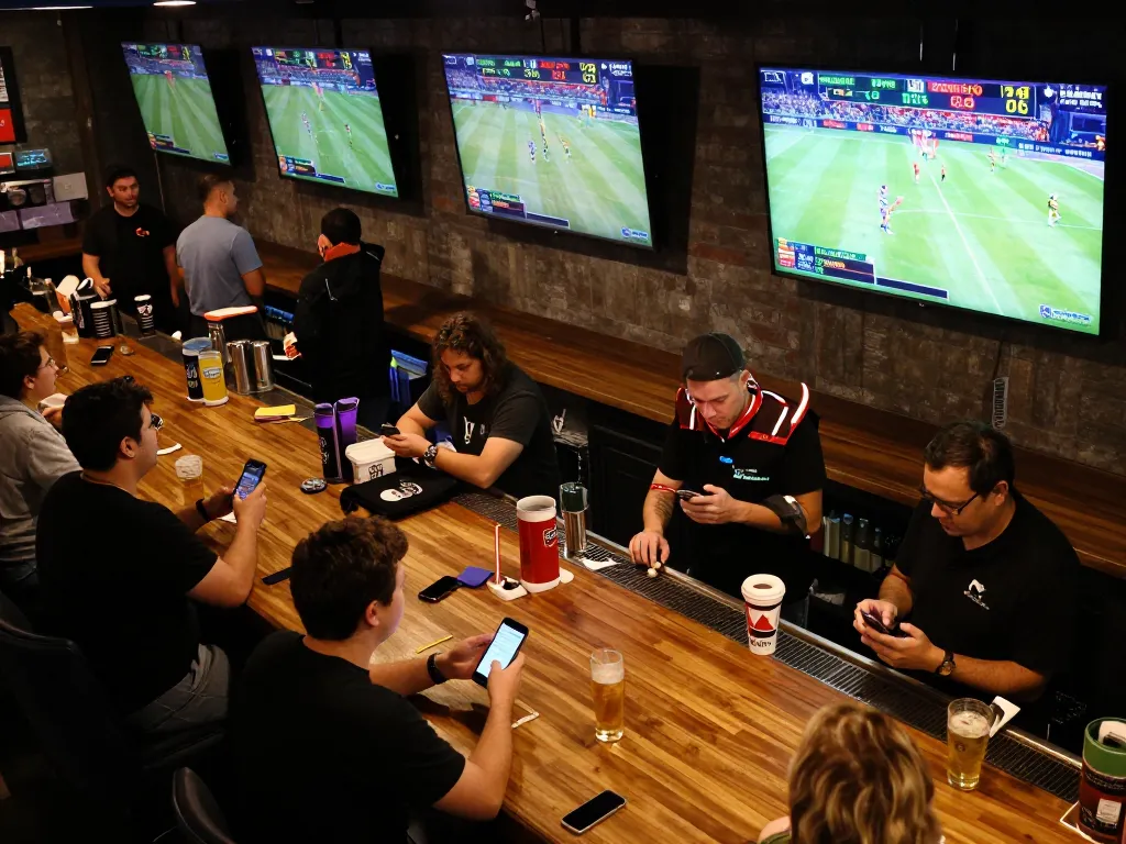 Engaged sports enthusiasts analyzing bets at a lively bar, showcasing the energy of bagus-surfcamp.