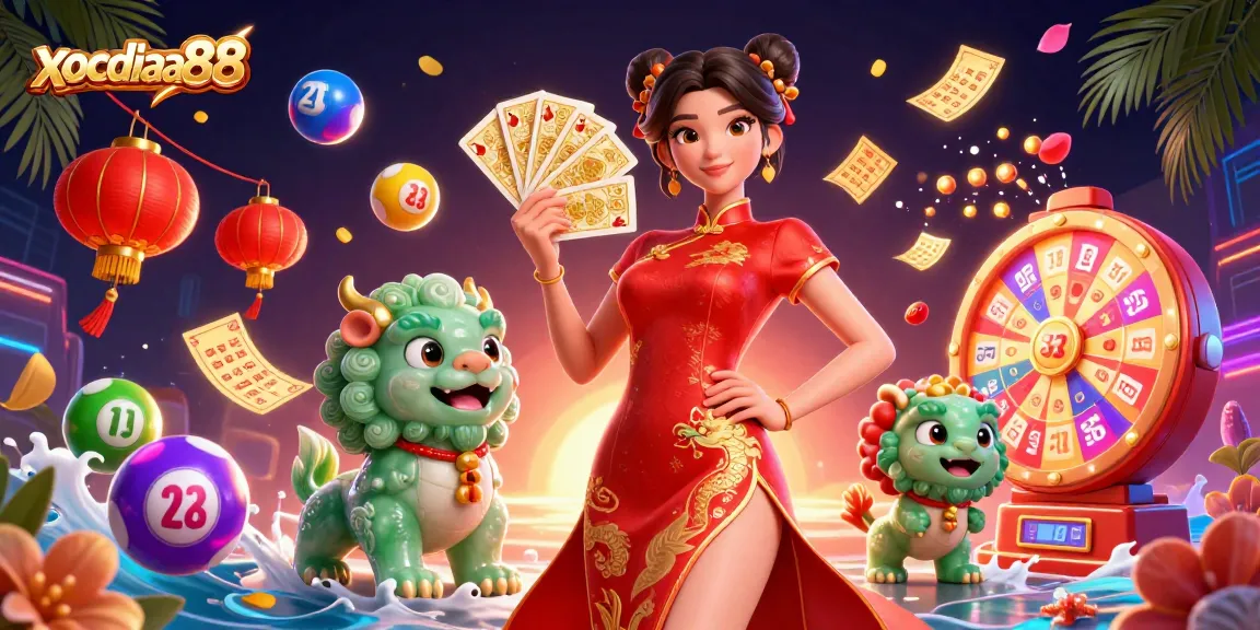 Xocdiaa88 showcases an engaging scene with a woman in a red qipao, playing cards, and dynamic gambling elements