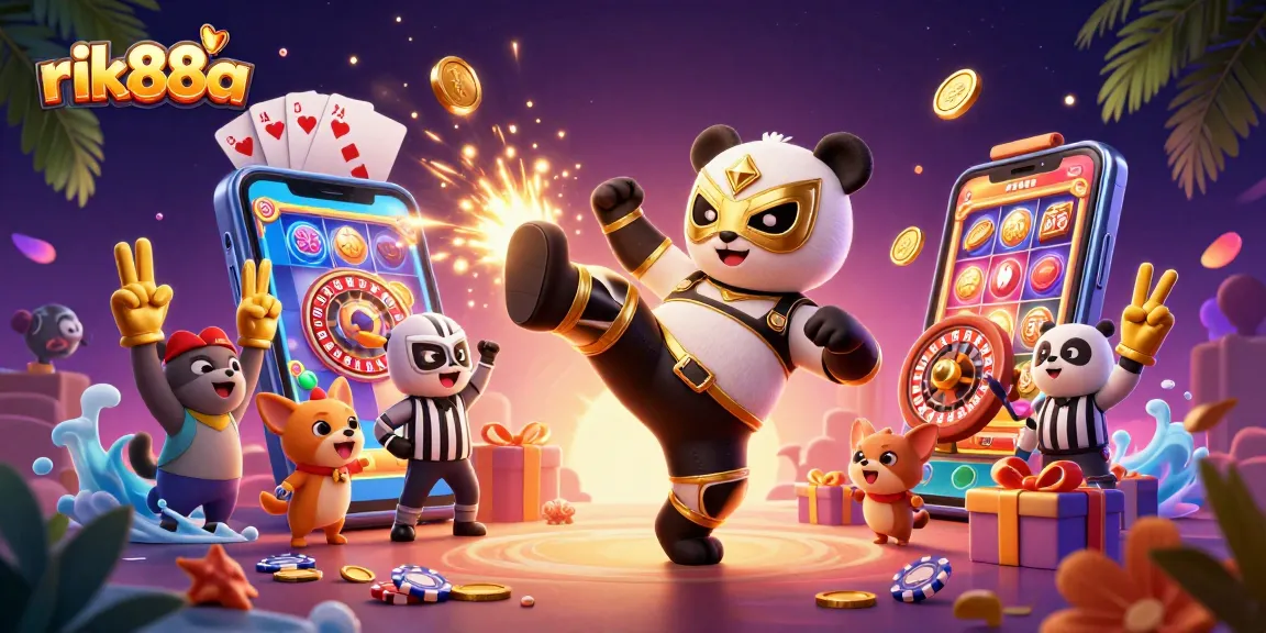 Engage with rik88a by witnessing a panda wrestler's flying kick amidst a vibrant casino scene