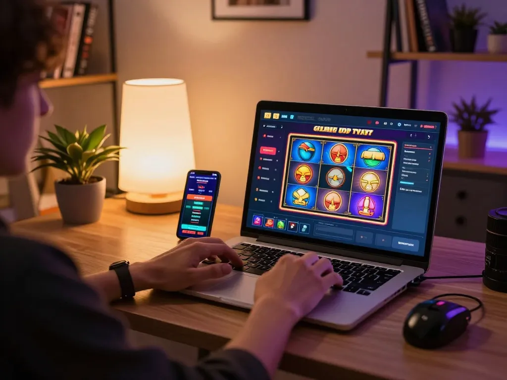 Player enjoying online gaming at home with dreidelsandmore slot game on screen, highlighting engaging moments.