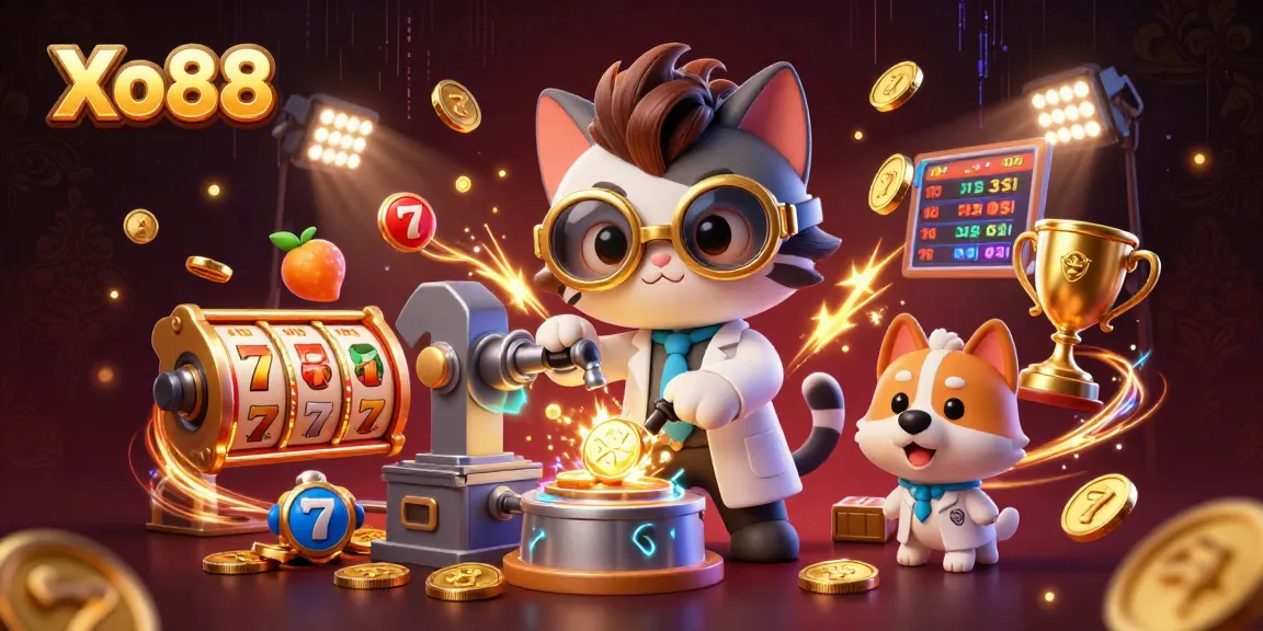 Xo88 brings a thrilling 3D gaming scene with a mad scientist cat and dog, featuring dynamic slot machine symbols.