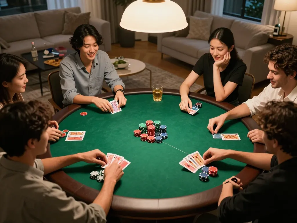 Engaged friends playing poker during a cozy night, showcasing milkandhoneyclay atmosphere of friendly competition.
