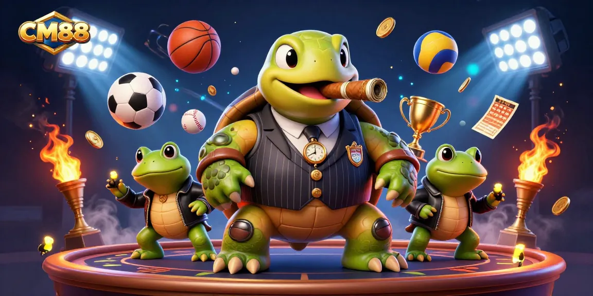 Catch the excitement at CM88 as the snapping turtle in a vintage mobster suit enjoys a cigar, surrounded by dynamic sports betting elements.