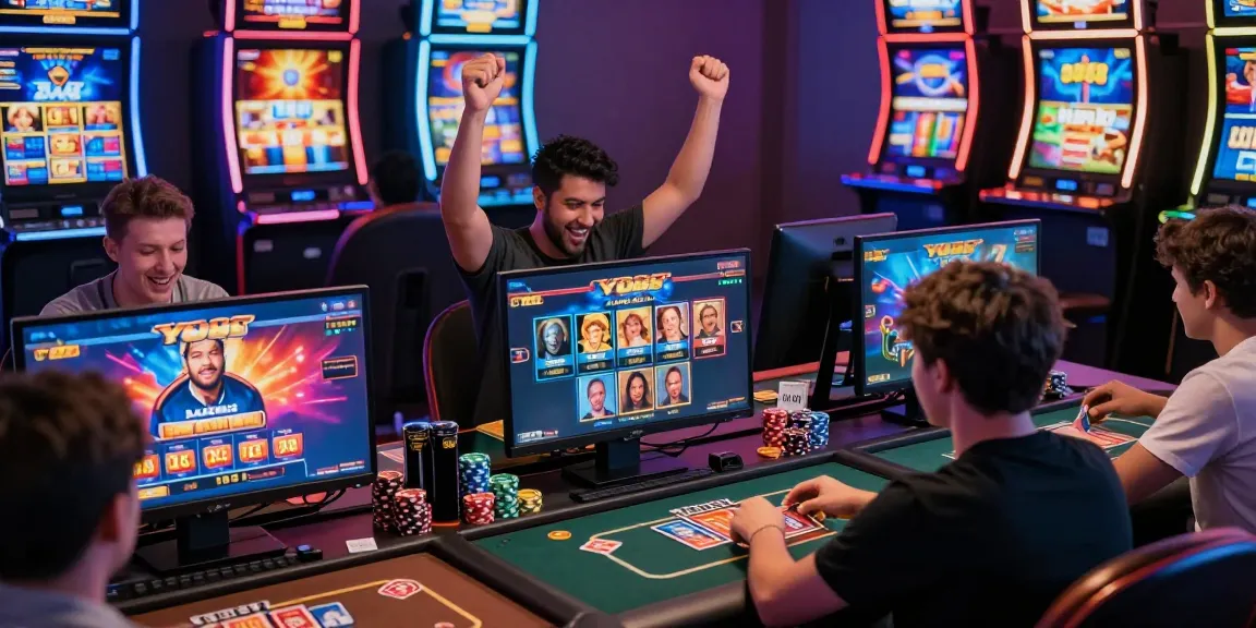 Exciting online gaming experience at YO88 with players celebrating victories and engaging in card games.