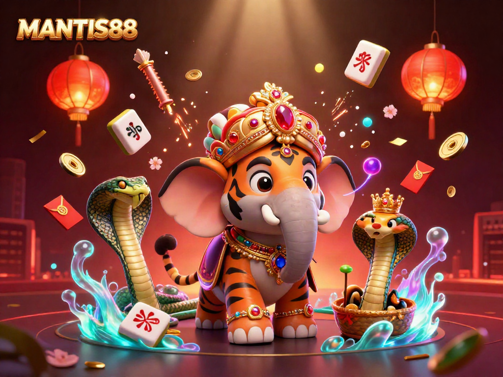 MANTIS88 showcases a vibrant casino scene with a majestic tiger in royal attire, surrounded by festive elements.