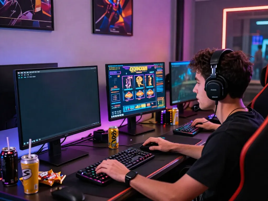 Engaged player enjoying qqmacan's advanced slot game in a vibrant gaming setup.