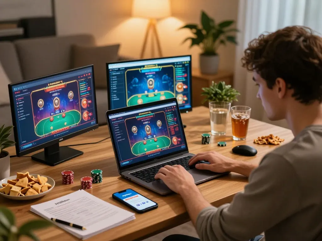 Player enjoying a poker game on qh88go app in a cozy home setting, conveying online gambling excitement.