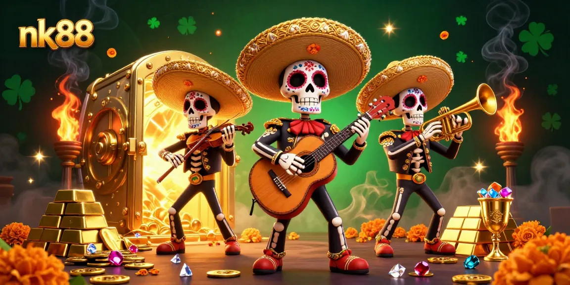 Experience the vibrant scenes of nk88 with a lively mariachi band immersed in gambling treasures.