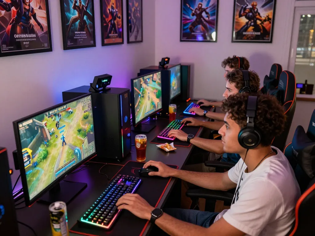 Friends enjoying an immersive gaming session on www.mantra88.com, featuring vibrant graphics and gaming peripherals in a cozy atmosphere.