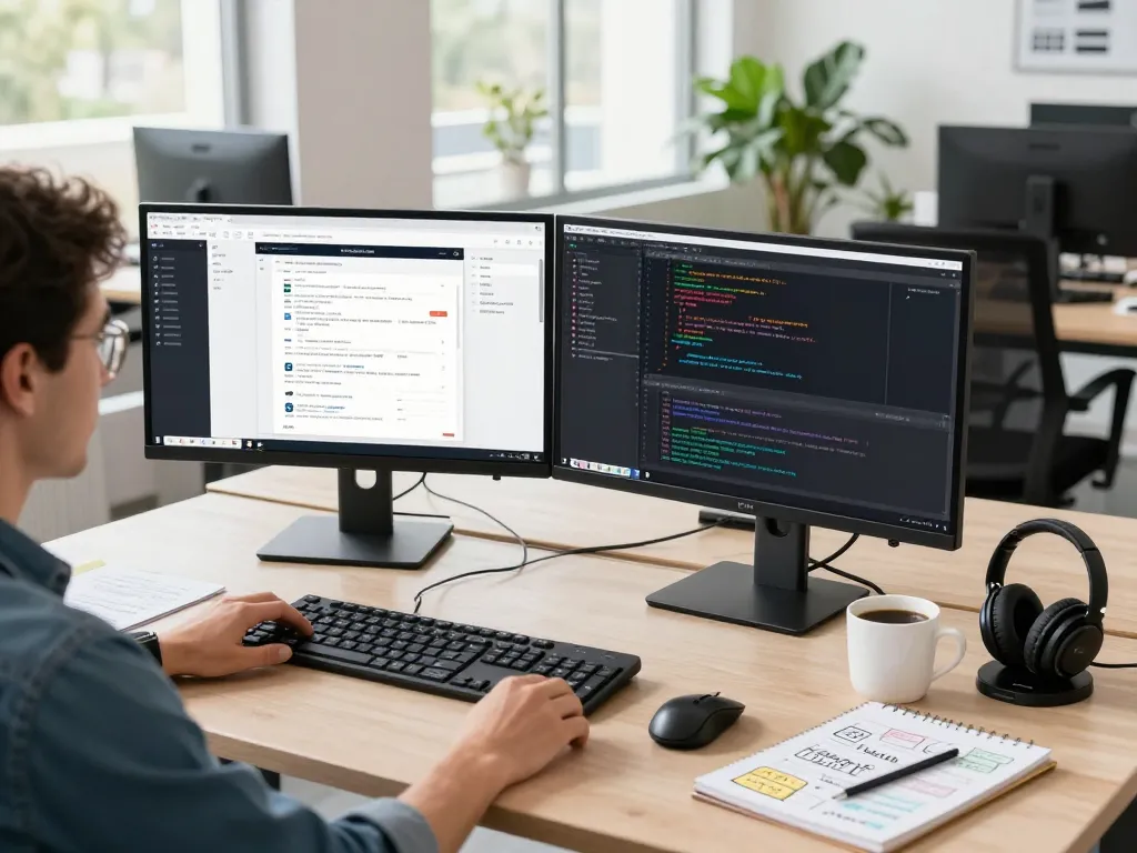 Dynamic tech gadgets for productivity in a modern workspace with dual monitors and ergonomic setup.